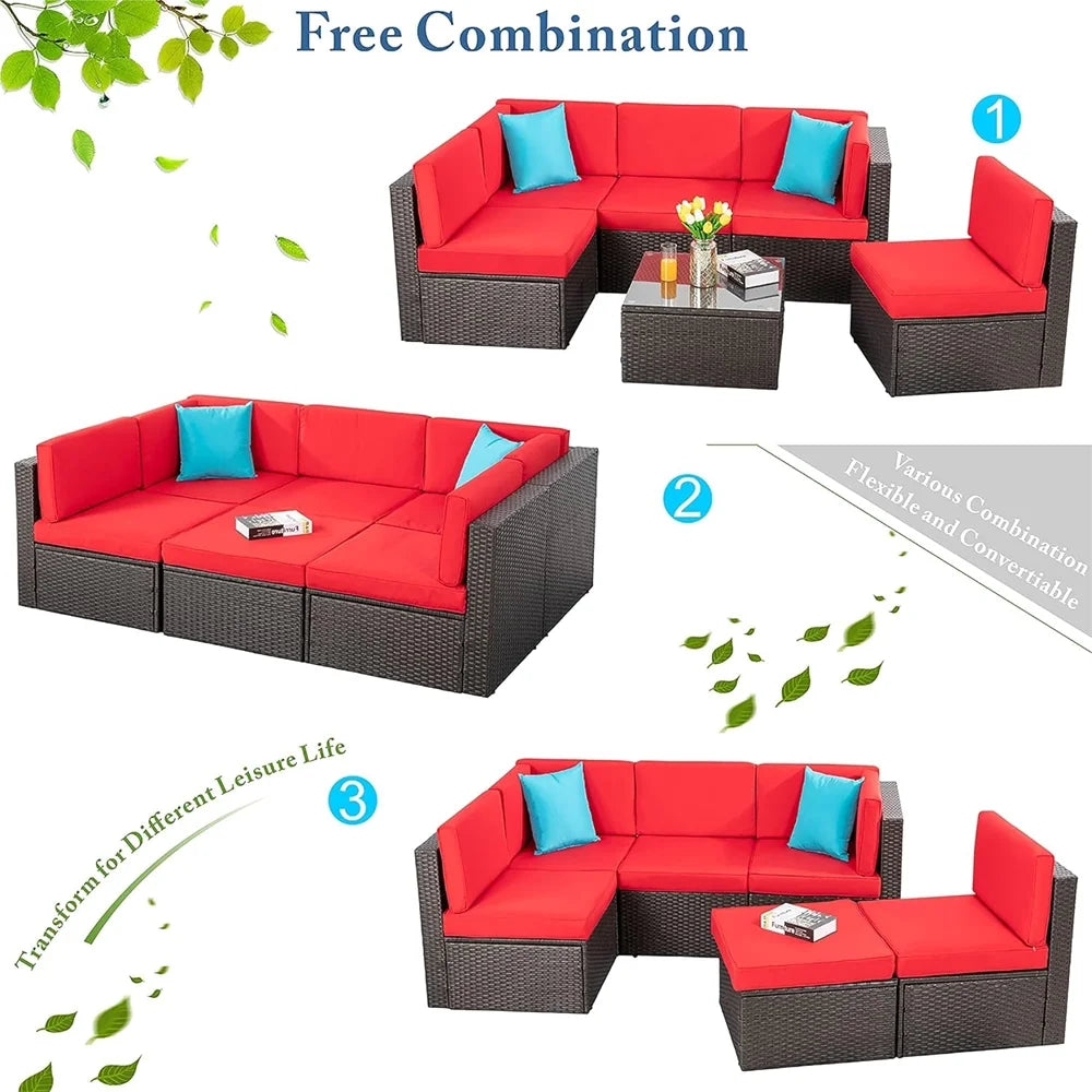 7 Pieces Outdoor Patio Furniture Set, Outdoor Sectional Rattan Sofa, PE Manual Weaving Wicker Patio Conversation Set with Cushion, Glass Table, Pillow, Dark Gray