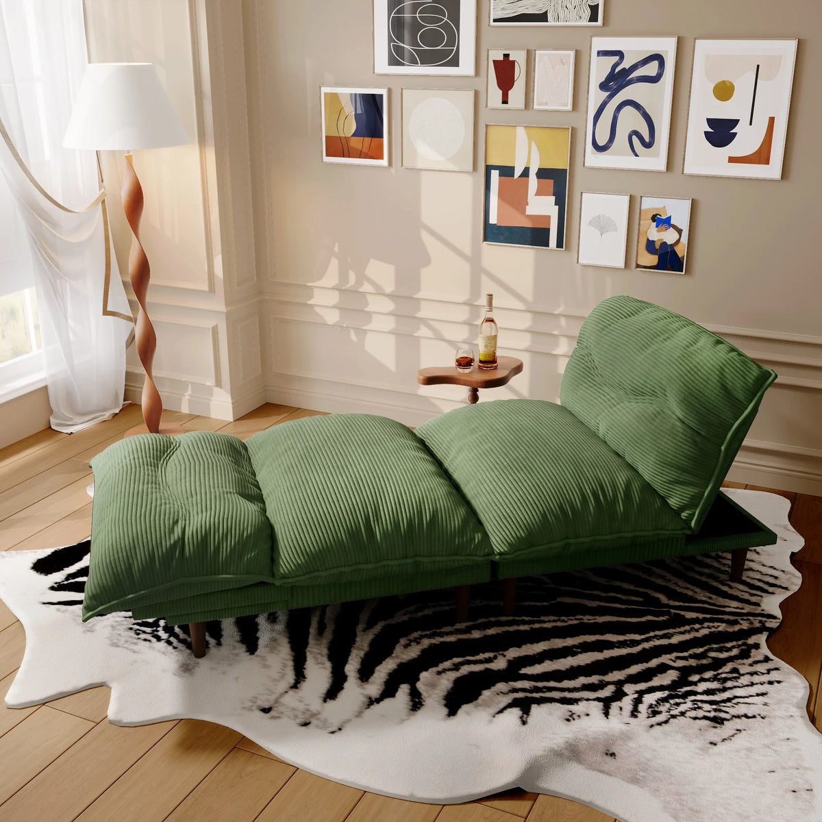 75" 4-in-1 Corduroy Futon Couch - Convertible to Lounger, Tatami & 2 Chairs, 3-Angle Adjustable Backrest, Solid Wood Frame, 300 LBS Capacity,Green