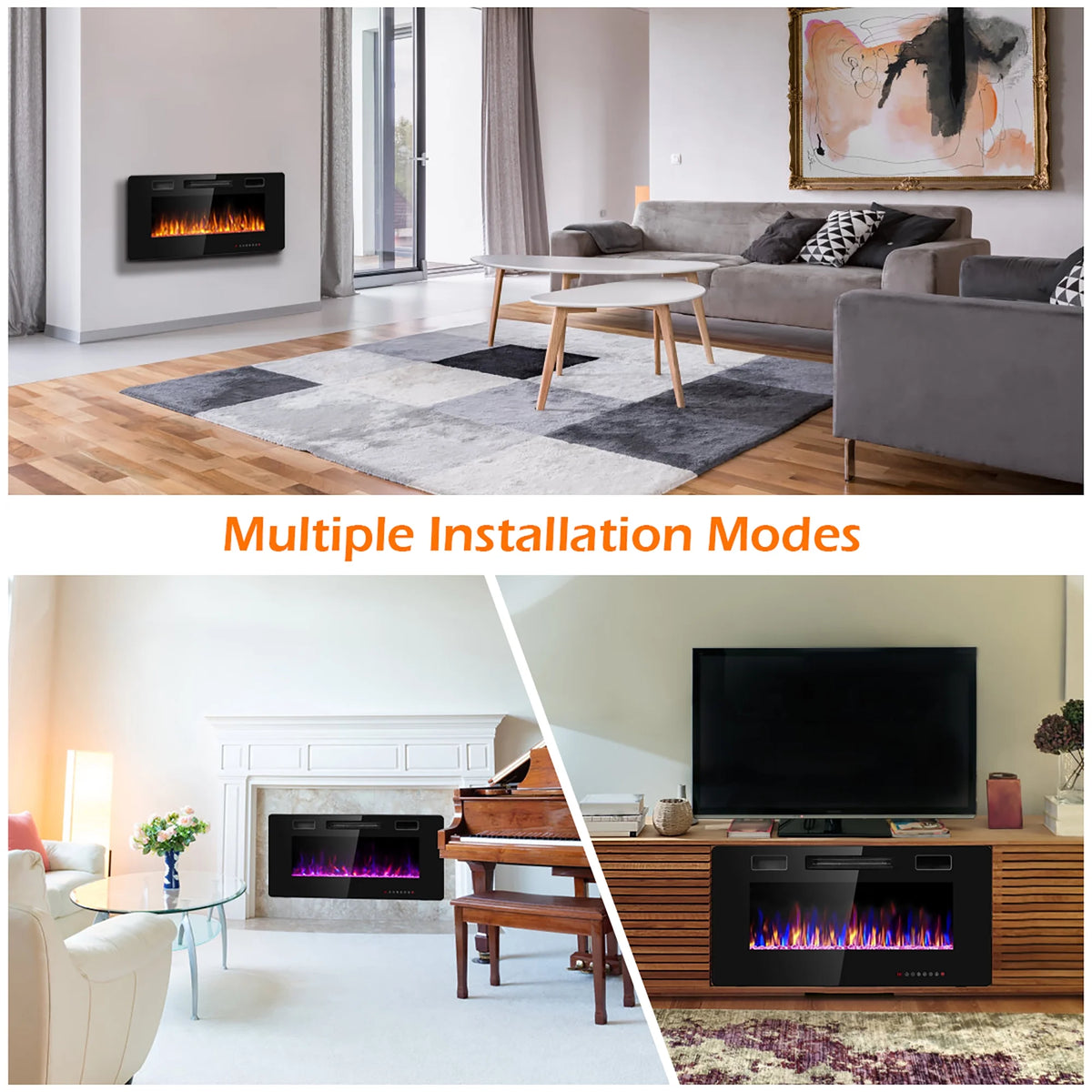Costway 36'' Electric Fireplace Recessed Ultra Thin Wall-Mounted Heater w/Multicolor Flame