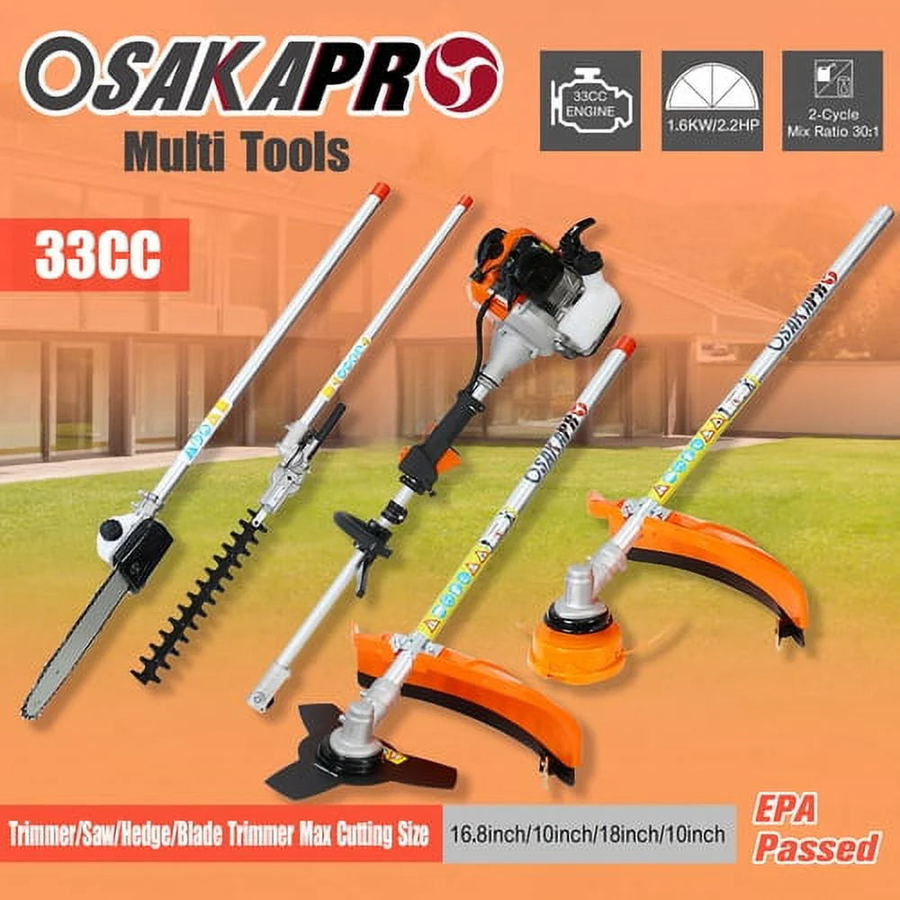 Multi-Functional Trimming Tool, 33CC 2-Cycle Garden Tool System with Gas Pole Saw, Hedge Trimmer, Grass Trimmer, Brush Cutter EPA Compliant Garden Combo for Lawn Care