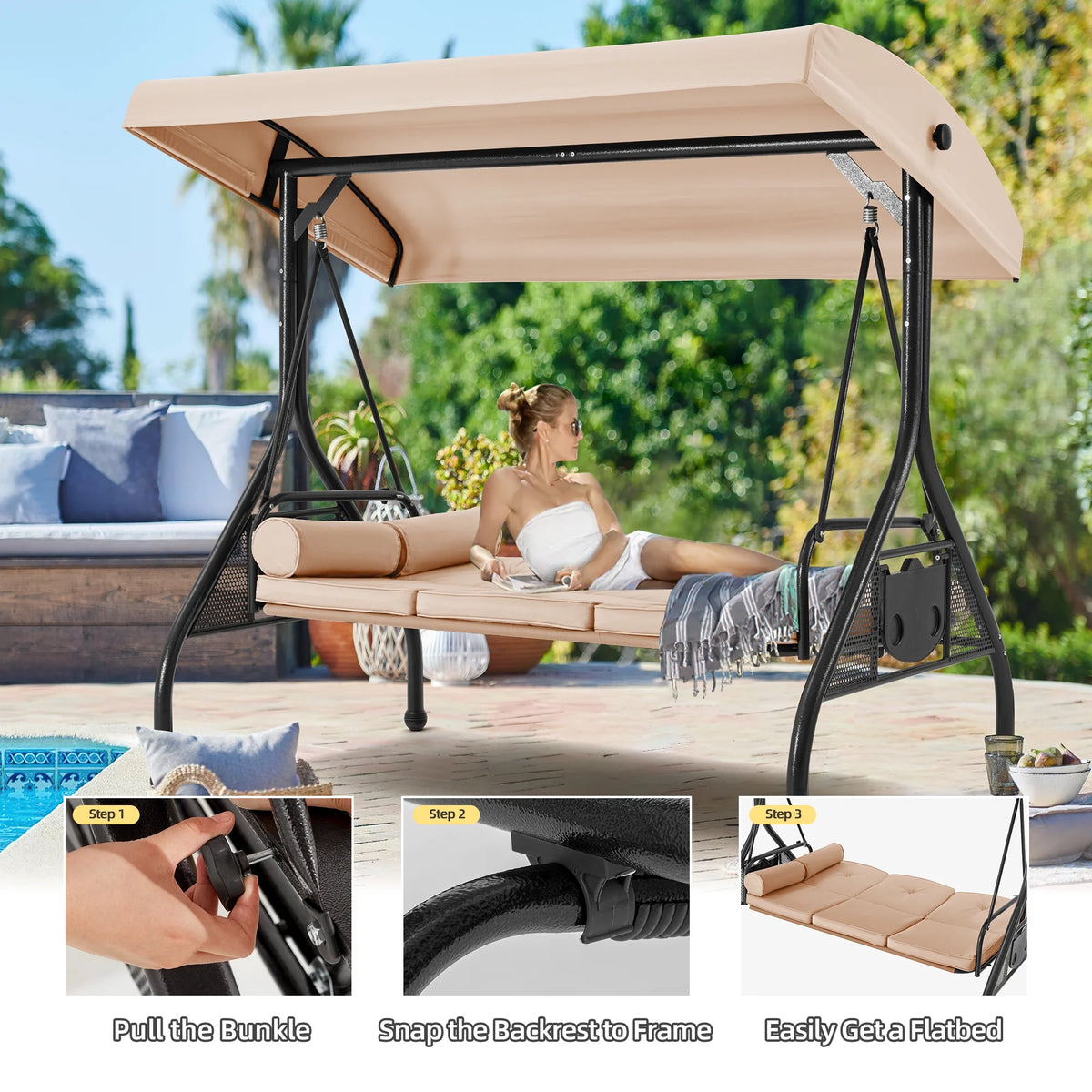 Homrest 3 Seat Outdoor Porch Swing with Adjustable Canopy, Cushions, and Cup Holder - Wine Red