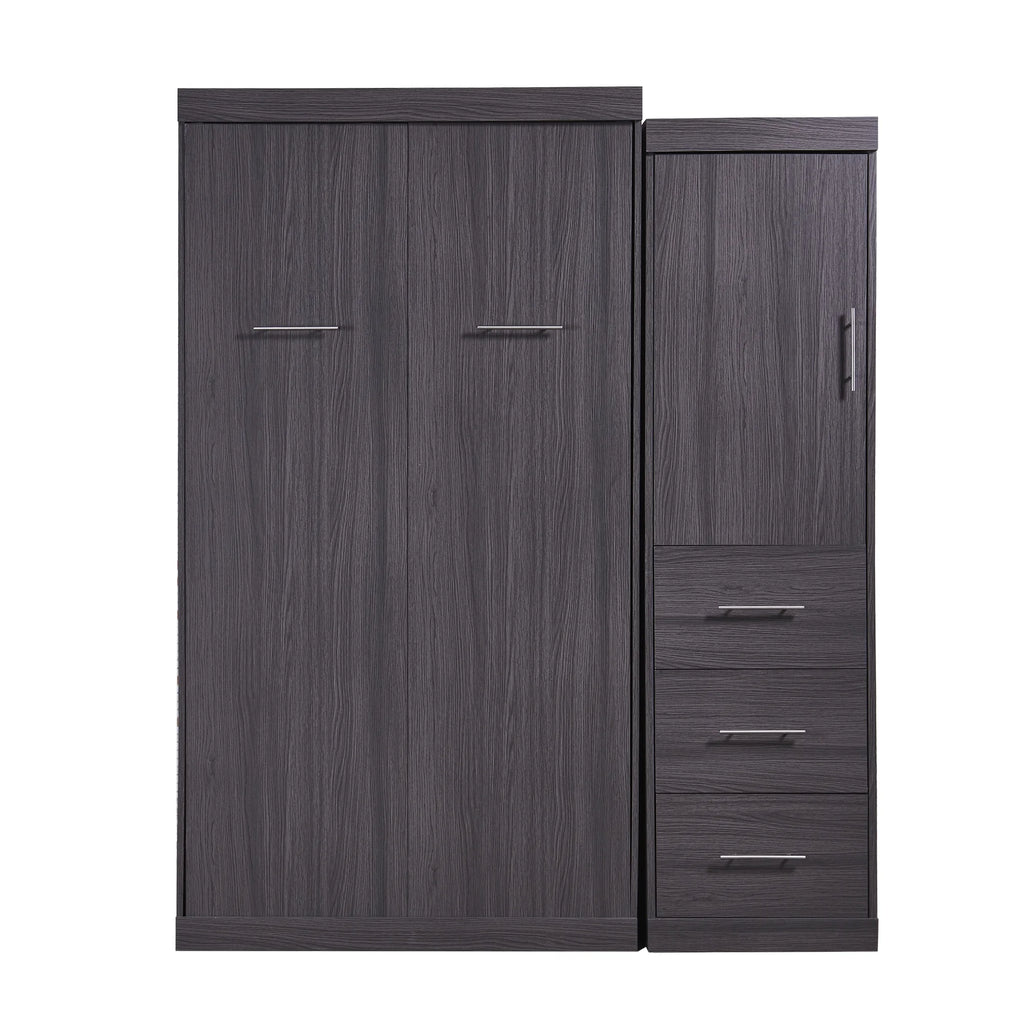Euroco Wood Full Size Murphy Wall Bed with Wardrobe and Drawers for Living Room, Moveable Wardrobe and Drawers, Space-Saving & Easy Open and Close for Kids Teens Adults, Gray