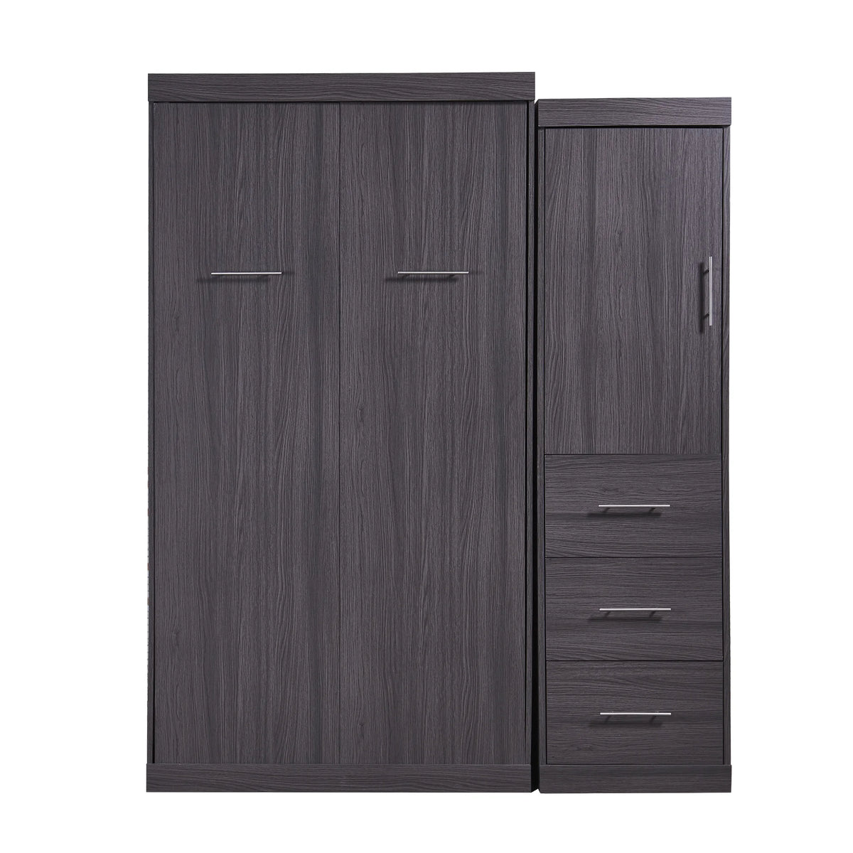Euroco Wood Full Size Murphy Wall Bed with Wardrobe and Drawers for Living Room, Moveable Wardrobe and Drawers, Space-Saving & Easy Open and Close for Kids Teens Adults, Gray
