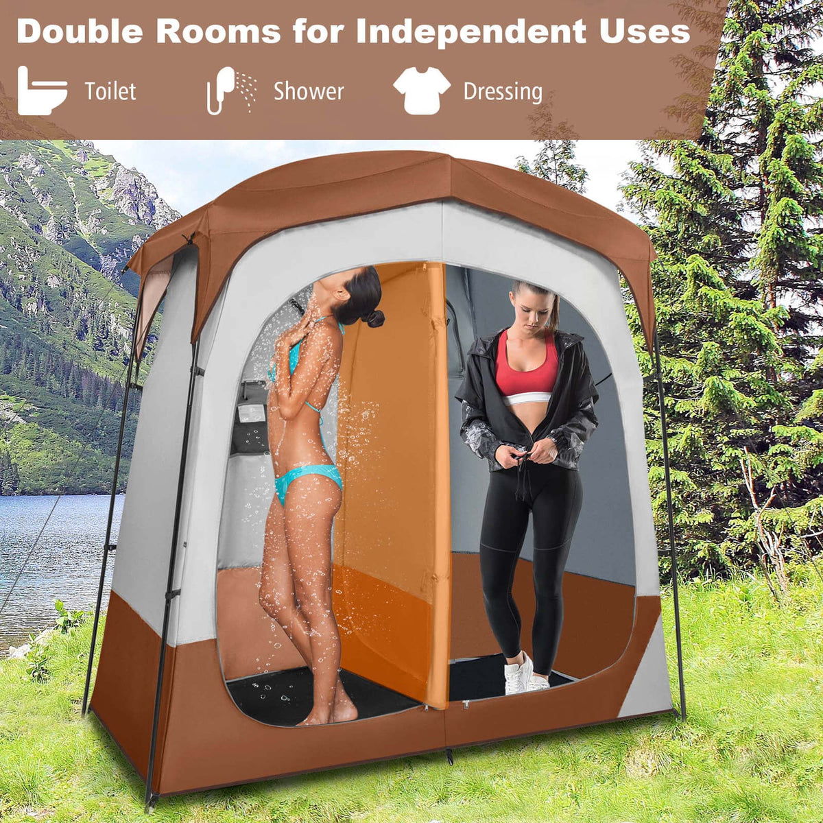 Costway 2 Room Shower Tent Oversize Privacy Shelter Portable Dressing Toilet Outdoor Gray