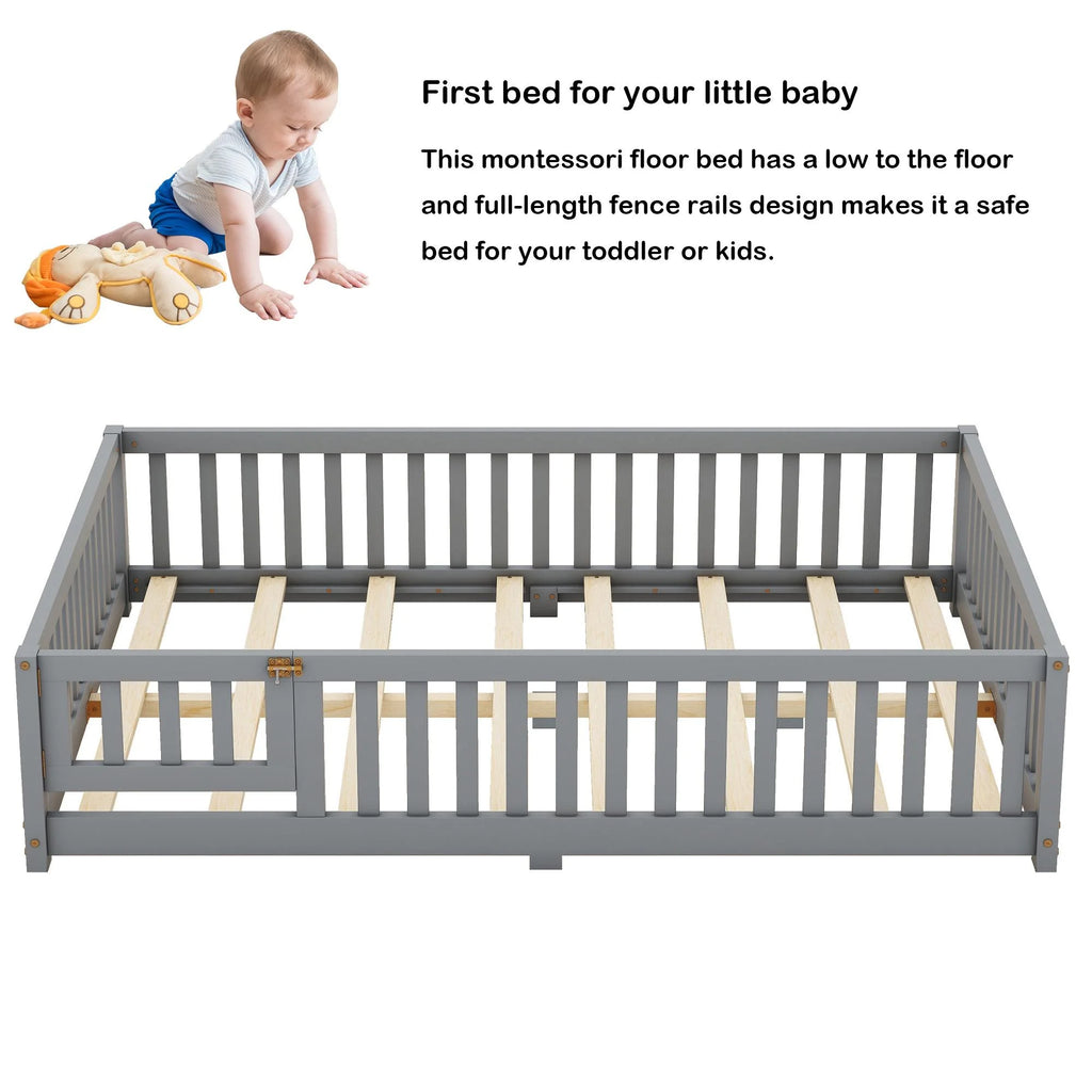 Bellemave Full Size Floor Bed with Door and Fence Floor Bed with Bed Slats Sturdy Wood Floor Bed Montessori Bed Frame (Full, Pink)