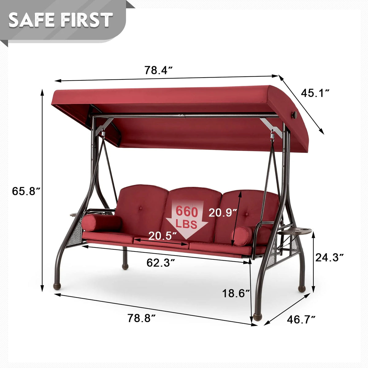 Homrest 3 Seat Outdoor Porch Swing with Adjustable Canopy, Cushions, and Cup Holder - Wine Red