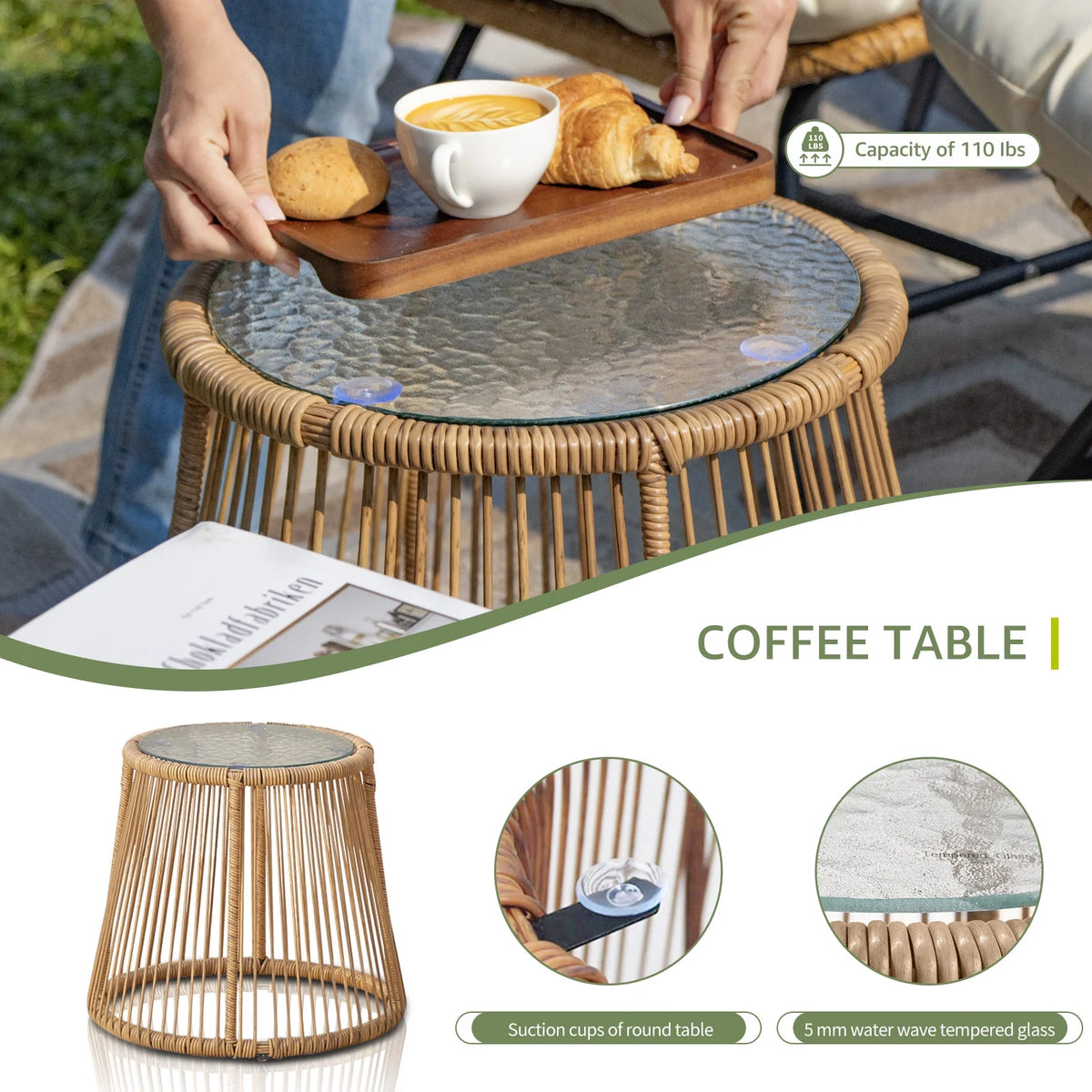 RADIATA 6-Piece Boho Patio Furniture Set, Outdoor Wicker Sectional Sofa Conversation Set with Ice Bucket & Coffee Table, 500lbs Capacity, Beige