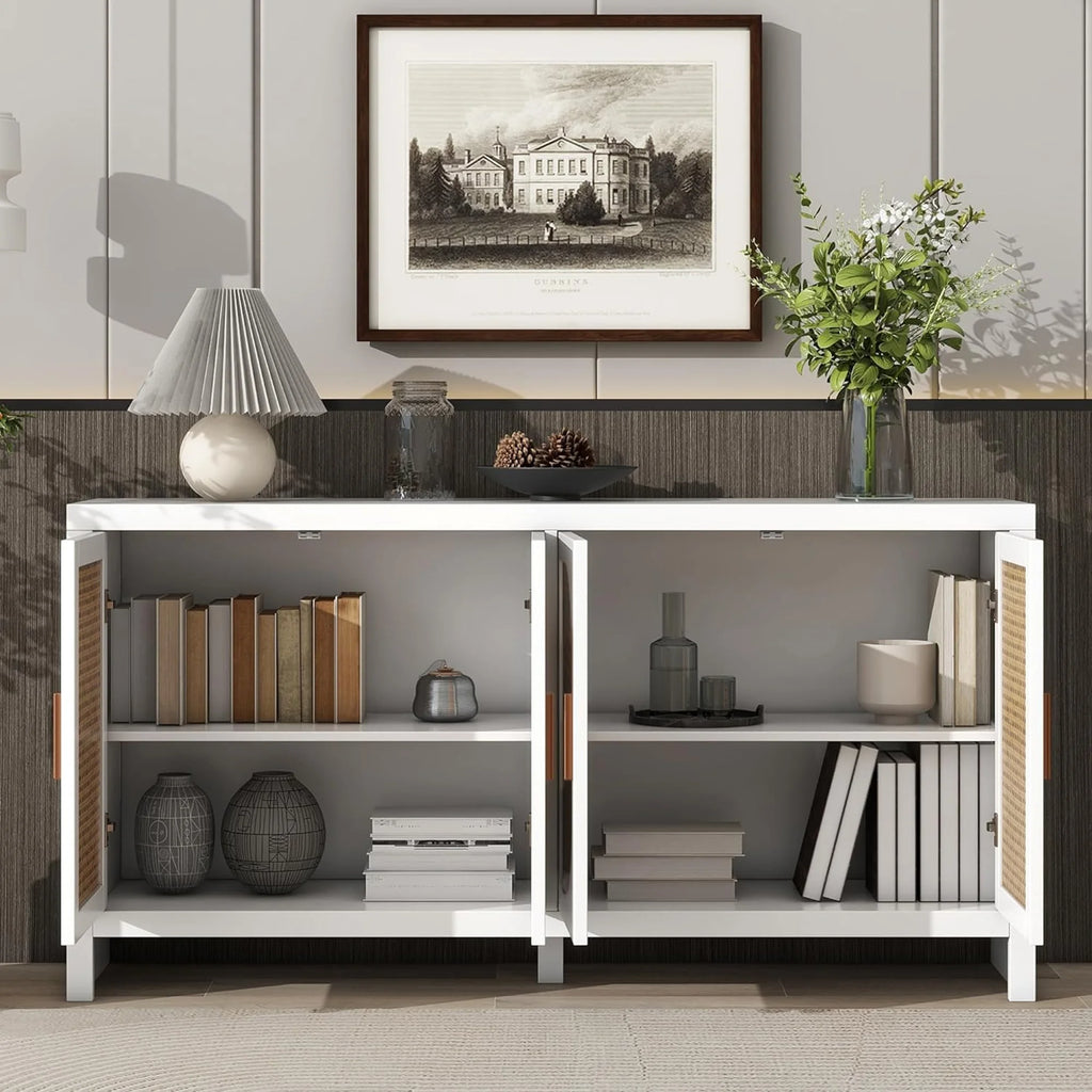 Modern Rattan Sideboard Buffet Cabinet, Kitchen Storage Cabinet, Living Room TV Stand for TVs up to 65", Entertainment Center with Adjustable Shelf, for Dining Living Room Hallway, White