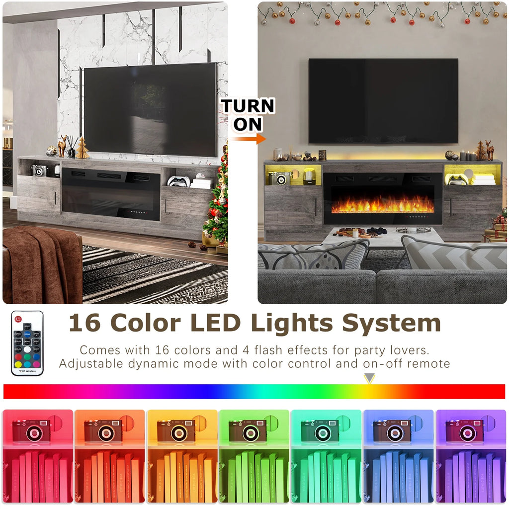 Waleaf Fireplace tv Stand with 36 inch Fireplace Up to 80" TVs,LED Light Entertainment Center and Storage