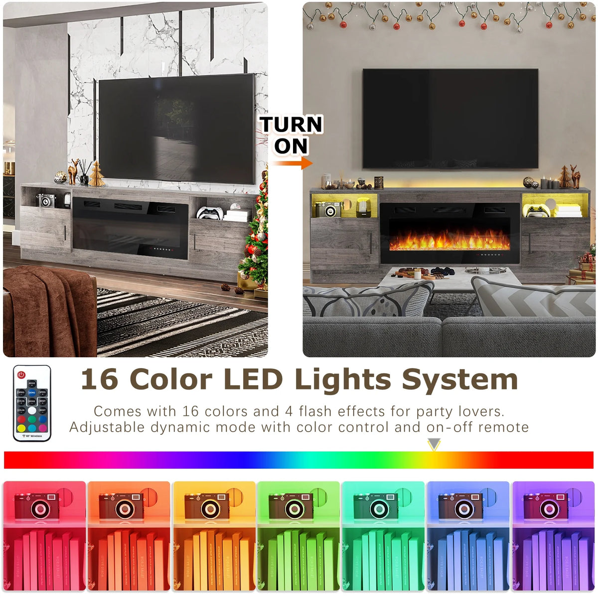 Waleaf Fireplace tv Stand with 36 inch Fireplace Up to 80" TVs,LED Light Entertainment Center and Storage