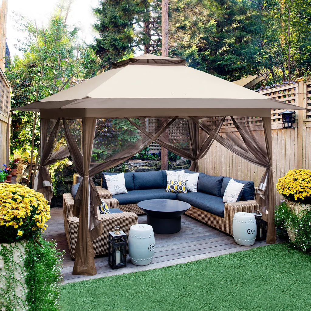 EAGLE PEAK 13' x 13' Pop-Up Gazebo Tent Instant w/Mosquito Netting，Outdoor Gazebo Canopy Easy Set-up Folding Shelter (Beige/Brown)