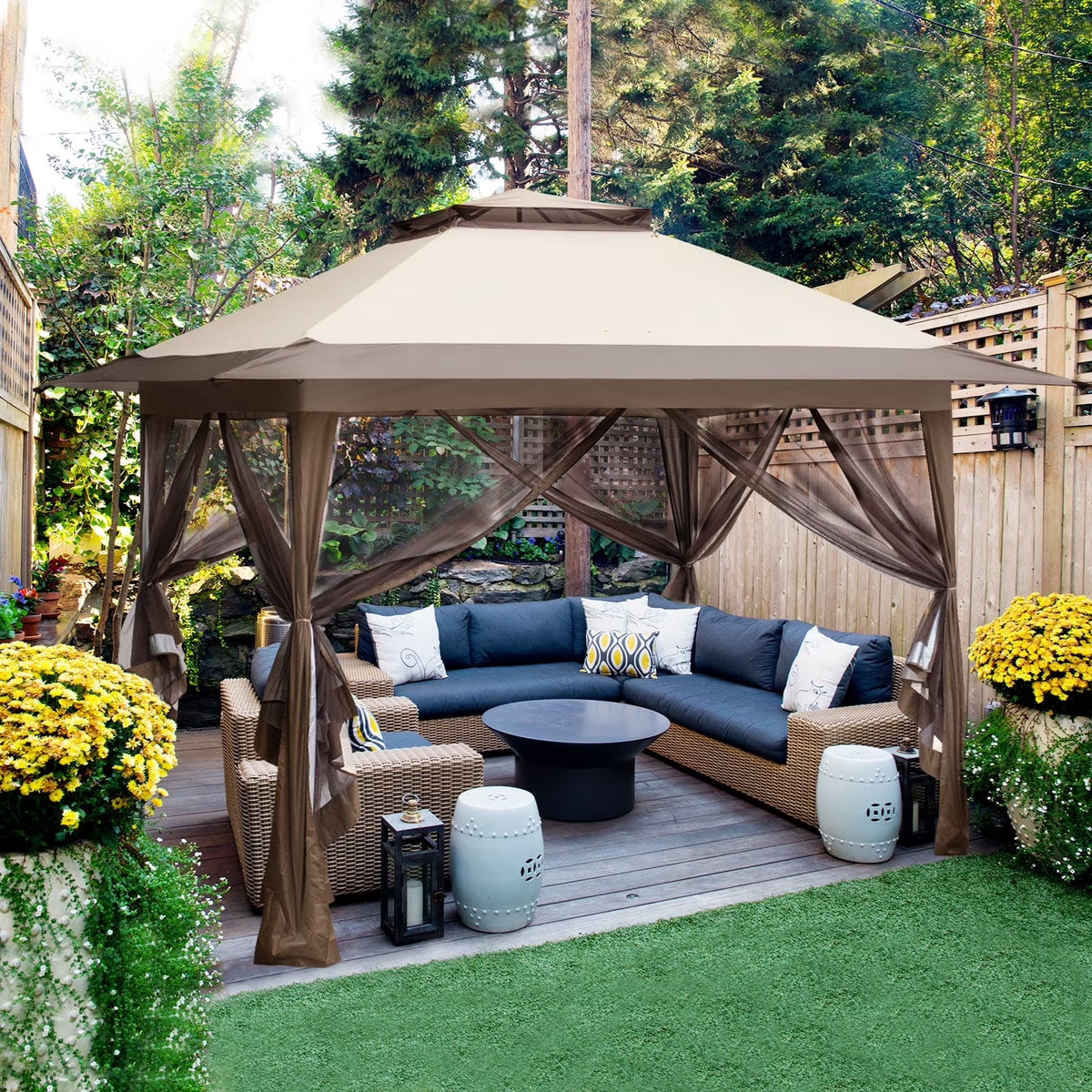 EAGLE PEAK 13' x 13' Pop-Up Gazebo Tent Instant w/Mosquito Netting，Outdoor Gazebo Canopy Easy Set-up Folding Shelter (Beige/Brown)