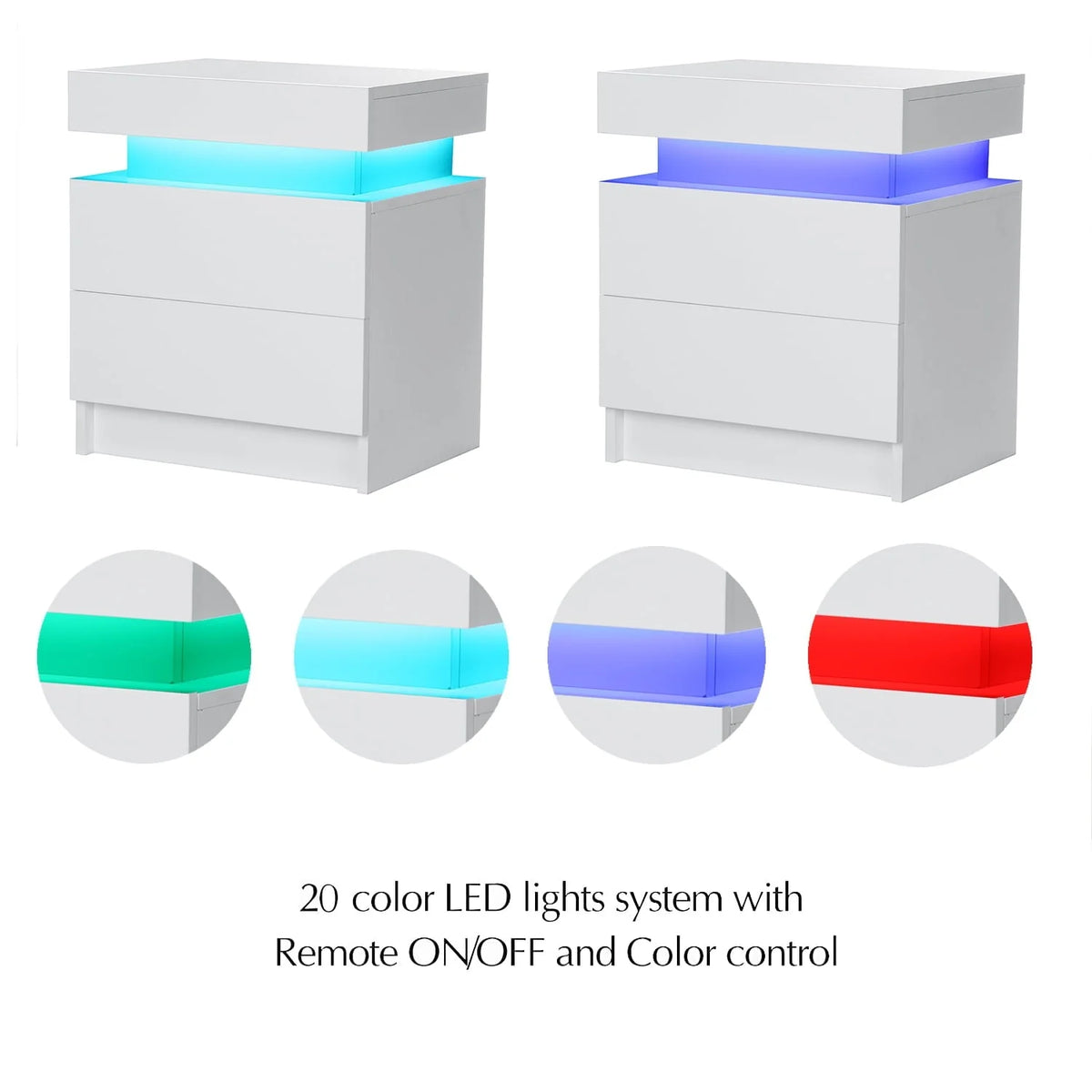 Hommpa 2 Drawer Modern Nightstand with RGB LED Light High Gloss Bedside Tables for Bedroom White