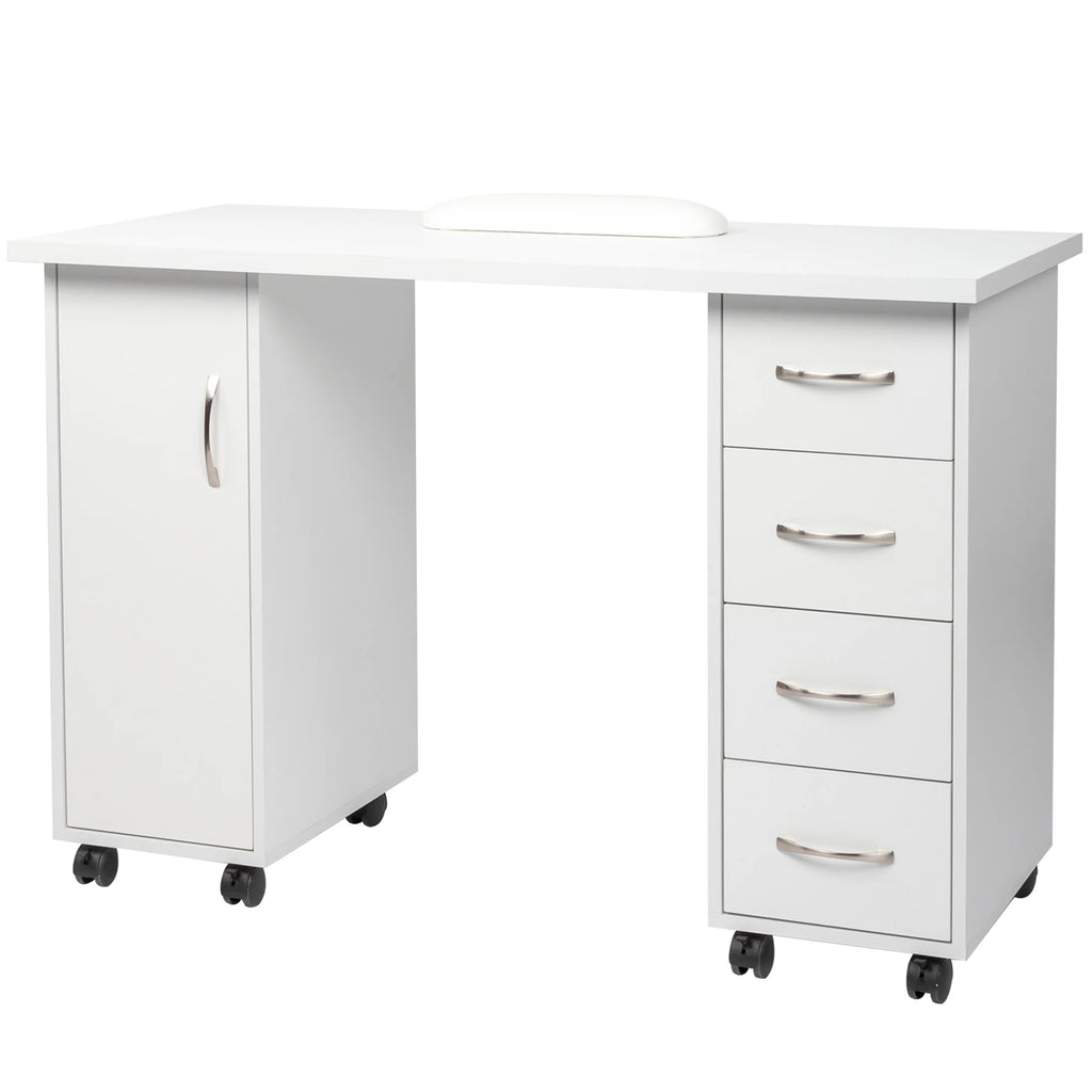 Sesslife White Computer Desk, Writing Desk with Lockable Wheels Modern Wood Study Desk with 4 Drawers for Home Office Workstation