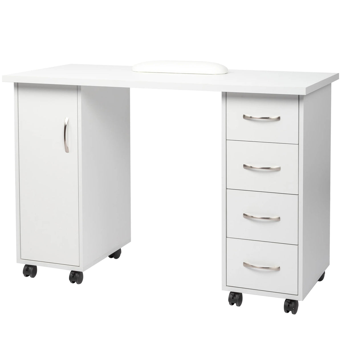 Sesslife White Computer Desk, Writing Desk with Lockable Wheels Modern Wood Study Desk with 4 Drawers for Home Office Workstation