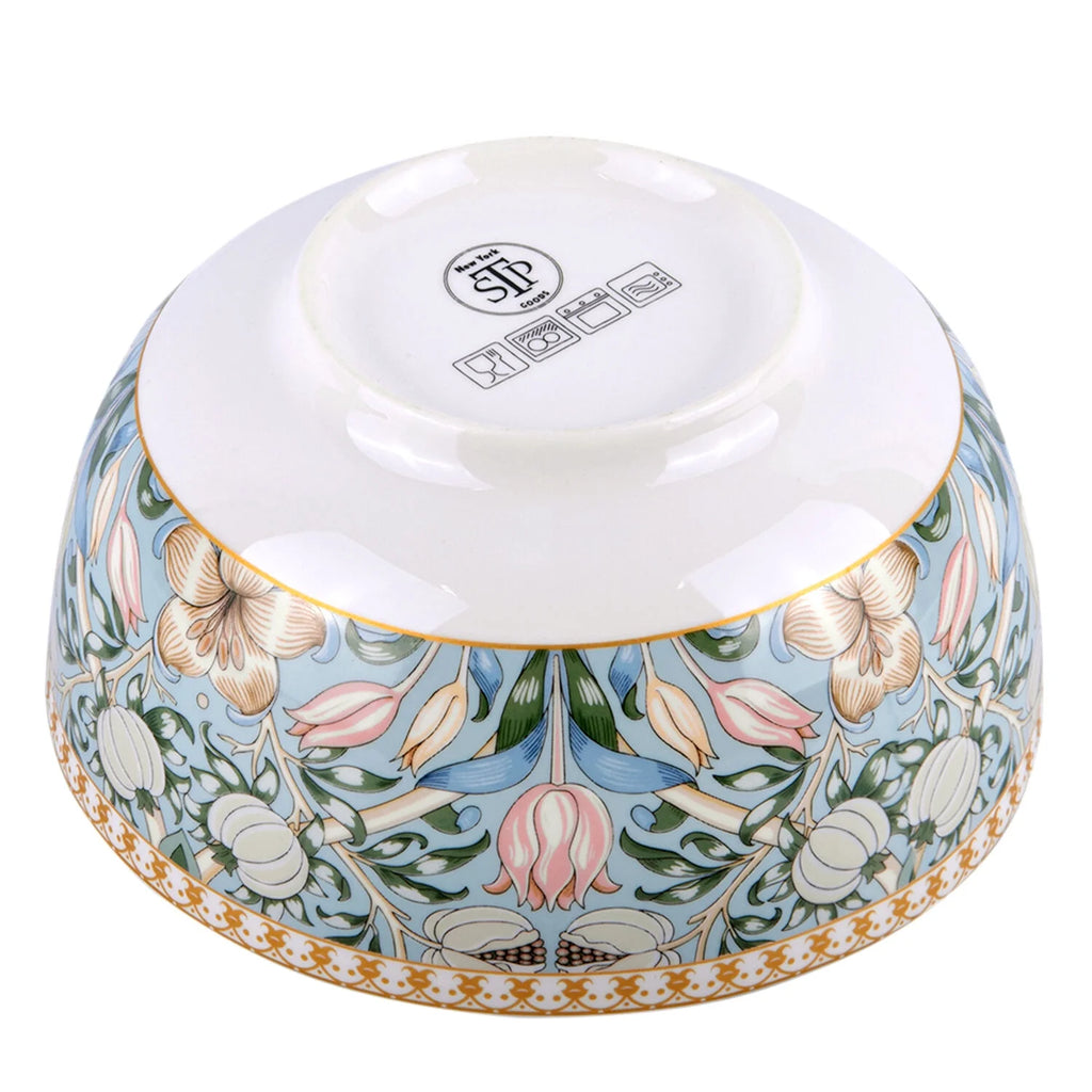 STP GOODS Melodie de Fleurs Bone China Dinnerware Set of 24 Service for 6 24-Piece Dish Set of Plates and Bowls, Blue Gold White