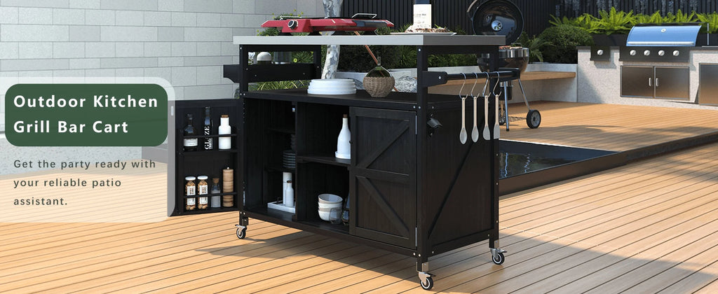 Outdoor Kitchen Island, Rolling Bar Cart & Storage Cabinet, Farmhouse Solid Wood Outdoor Grill Table with Stainless Steel Top, Spice Rack , Towel Rack for Kitchen & BBQ , Natural