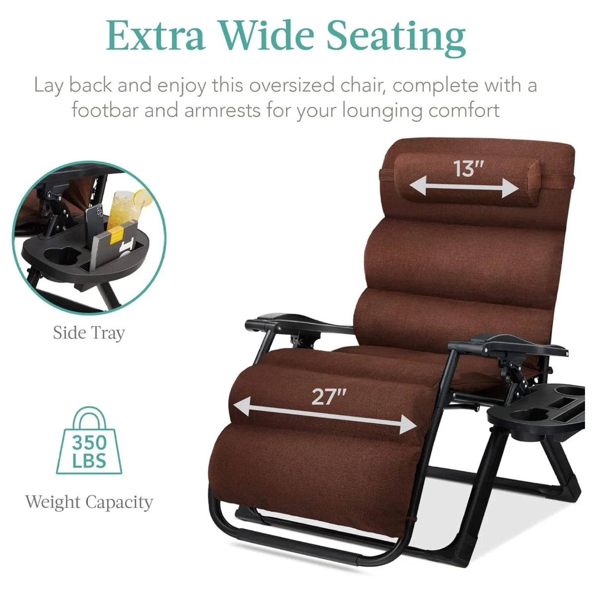 Oversized Chair, Folding Outdoor Patio Recliner, XL Anti Gravity Lounger w/Removable Cushion, Cup Holder, Side Tray, 350lb Capacity - Taupe