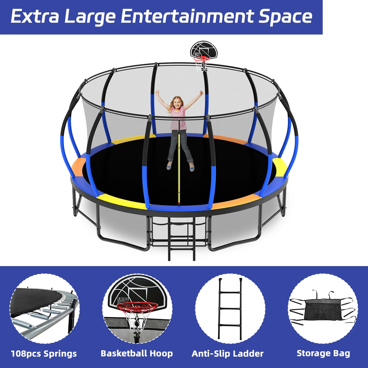 Netrum 10ft Kids Trampoline with Basketball Hoop, Outdoor Trampolines with Enclosure Net,Ladder, 880Lbs Trampoline for 4 Kids Green