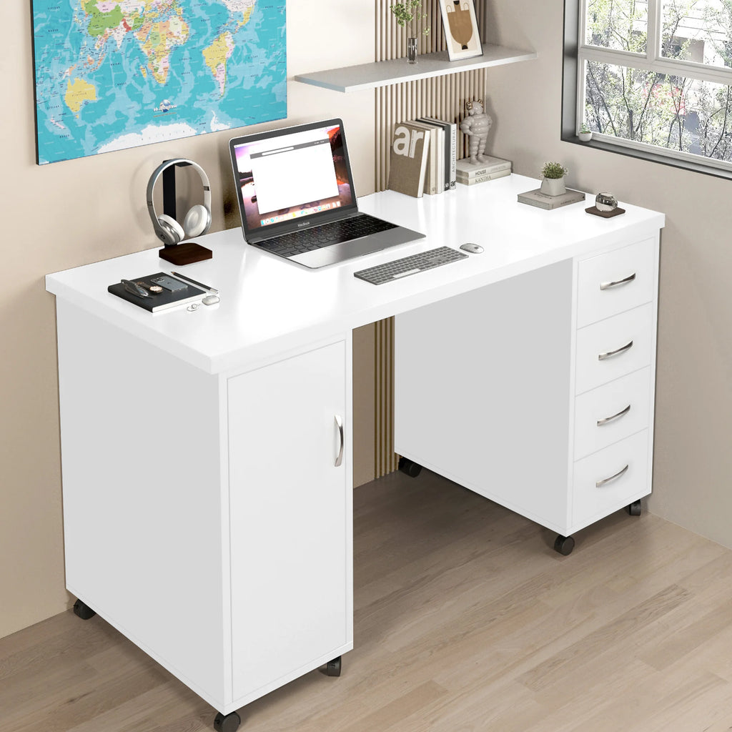 Sesslife White Computer Desk, Writing Desk with Lockable Wheels Modern Wood Study Desk with 4 Drawers for Home Office Workstation