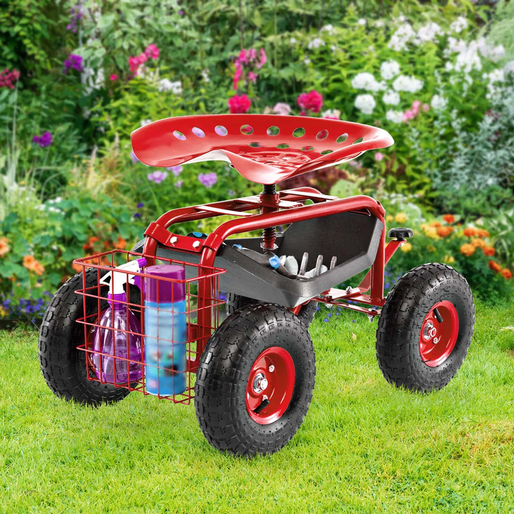 Costway Garden Cart Rolling Work Seat w/ Tool Tray Basket Green