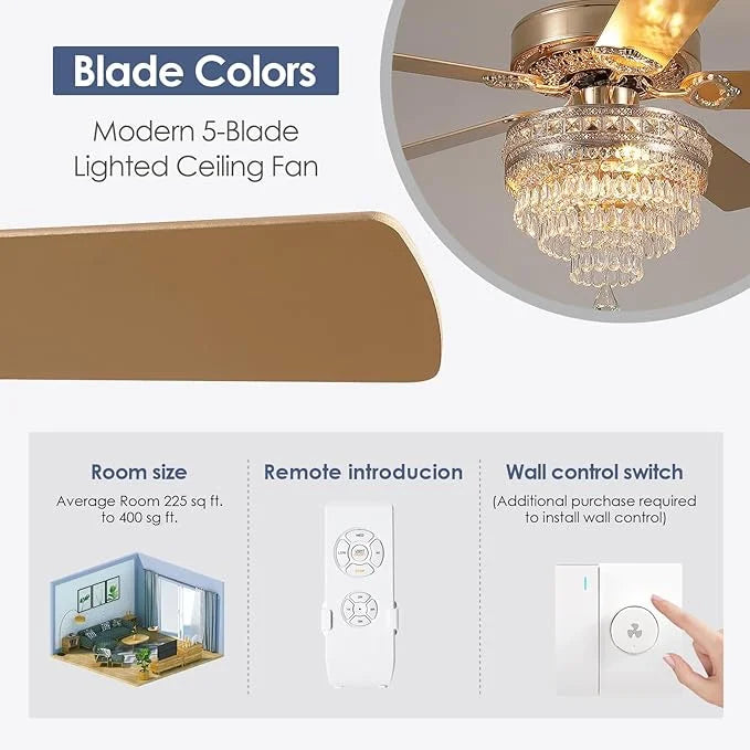 YIOSI 52" Crystal Ceiling Fan Fandelier with Remote Control, Modern Chrome Chandelier Ceiling Fan, Whisper-Quiet Motor, Reversible Blades, LED Lighting, Energy-Efficient, Elegant Living Room Fan