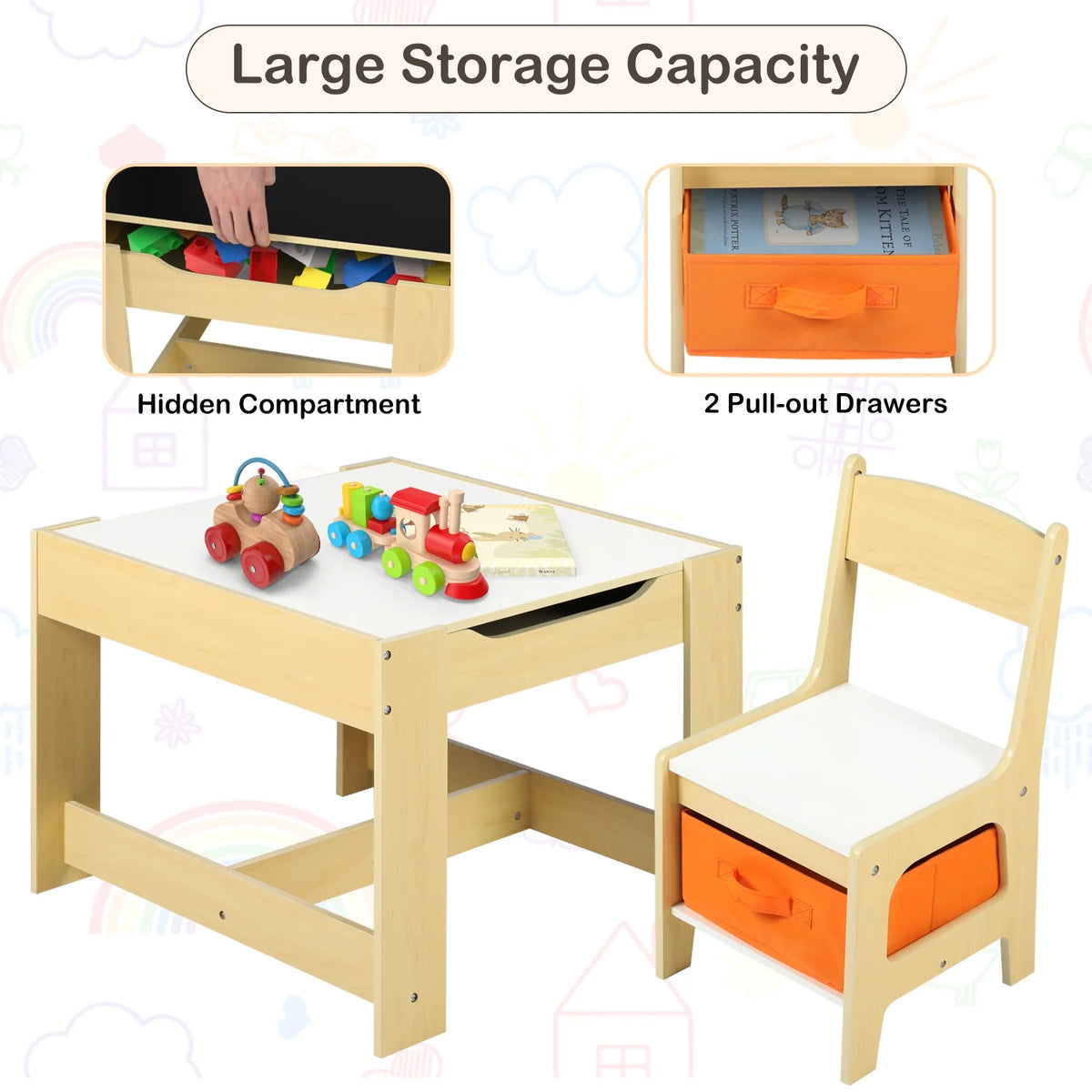 LINLUX Kids Table and 2 Chairs Set, Children Activity Table Chairs with Chalkboard/Whiteboard, Grey
