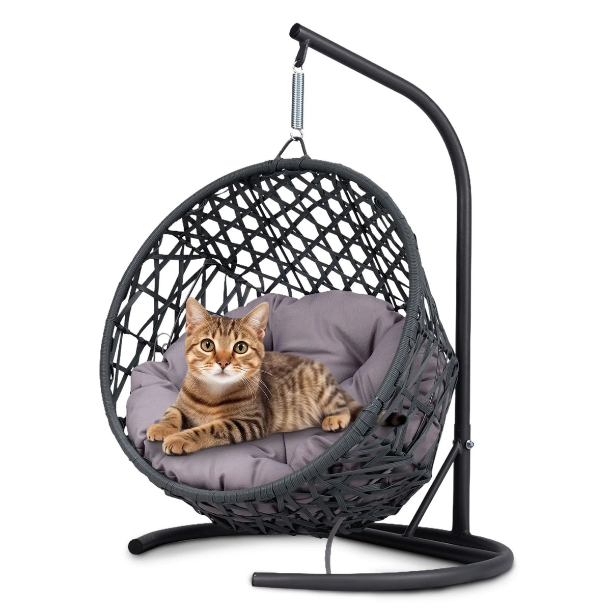 Cat Swing Bed with Stand & Cushion, Cat Egg Chair with Rattan Wicker Appearance, Indoor Hanging Swinging Cat Bed