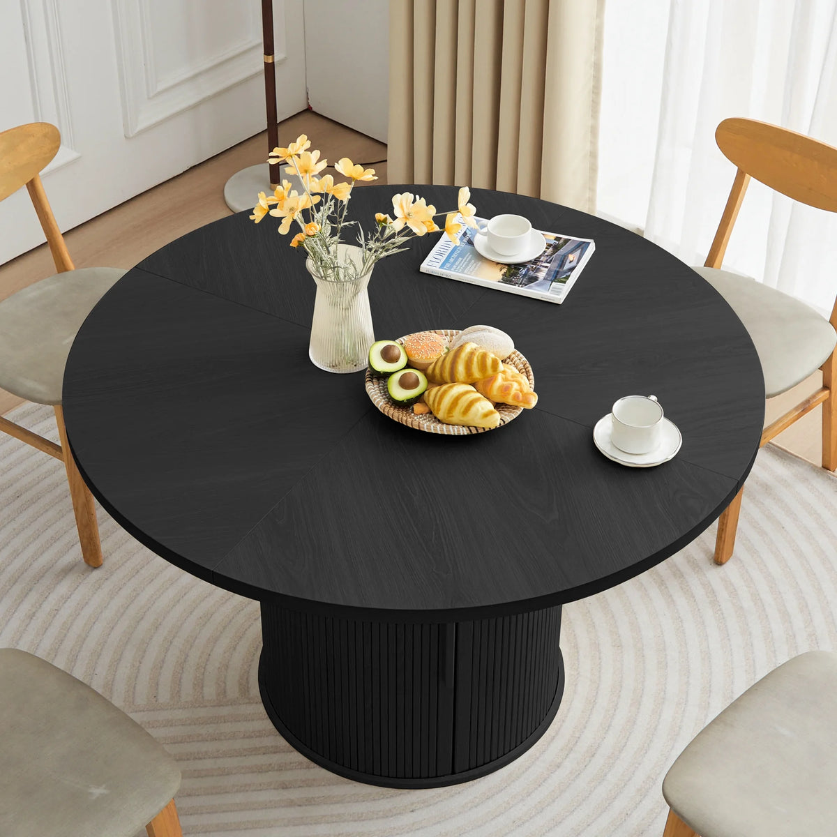 Wirrytor Round Dining Table, Modern Farmhouse Kitchen Table, 47 Inch Coffee Circle Dining Tables with Wood Strip Base for Kitchen Living Room, Black