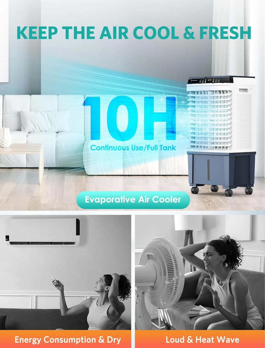 Nordic Hygge 1800 CFM 3 Speed Portable Evaporative Air Cooler Fan Humidifier Indoor/Outdoor up to 1000 Sq. Ft., White