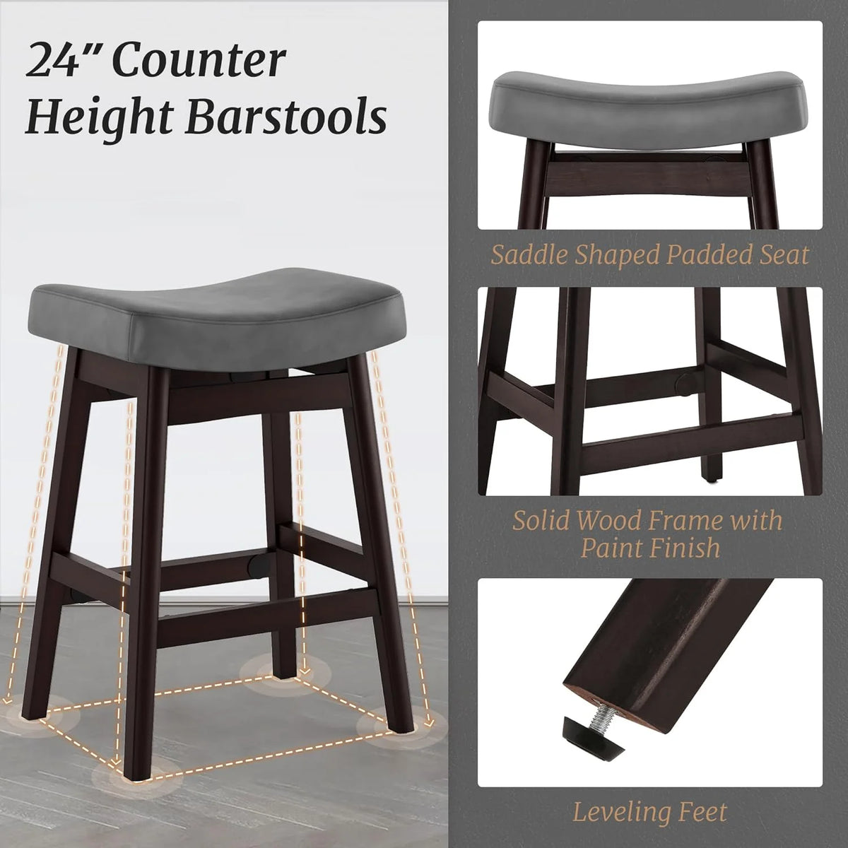 Dycanpo Saddle Seat Counter Height Bar Stools Set of 3 for Kitchen, Dining, 24in, Beige-Fabric