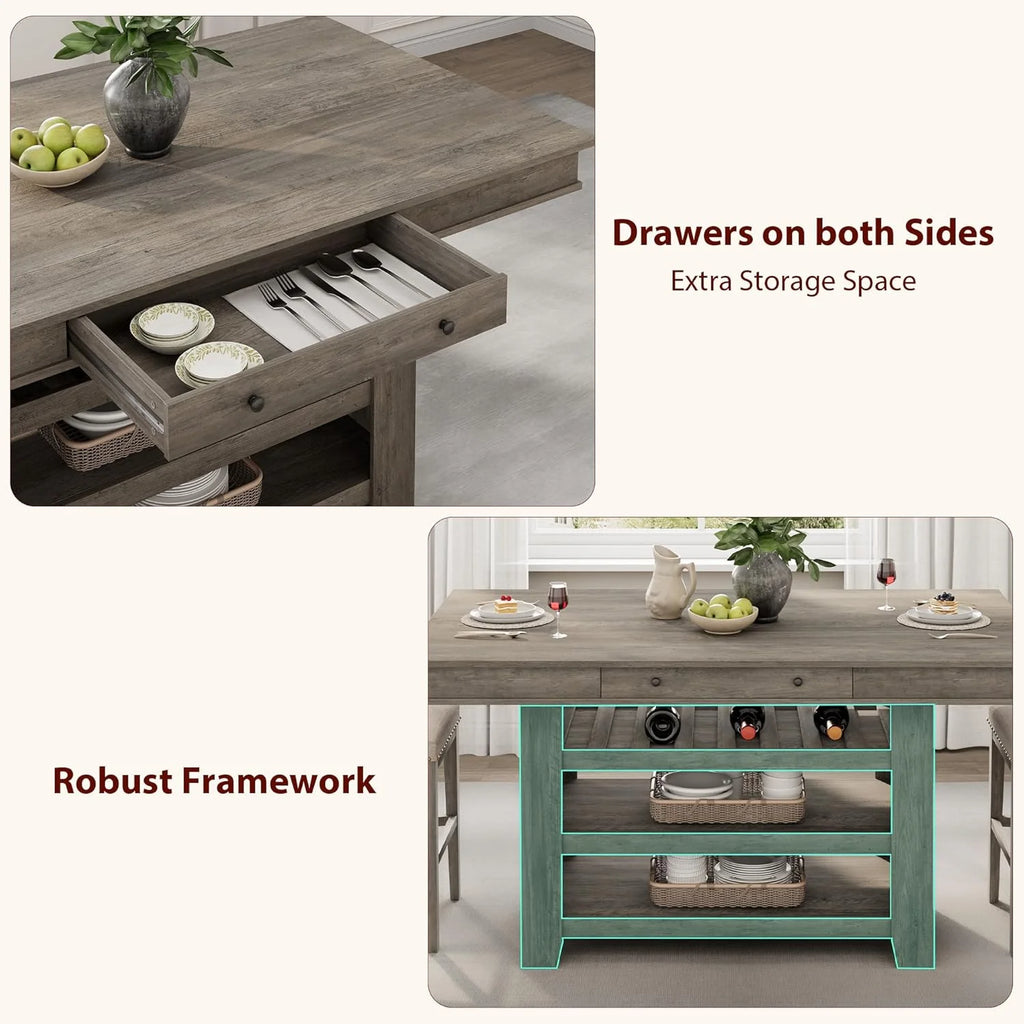 60" Counter Height Dining Table for 4,Rustic Counter Height Dining Table with Drawers& Open Shelves for Kitchen, Bar