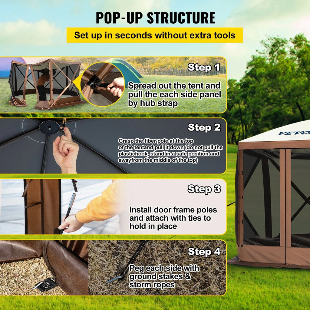 Extra Large 12x12ft Pop-Up Screen Tent, Portable Gazebo Canopy with Mesh Sides Water-Resistant Shelter for Camping, Beach, Lawn (Brown/Beige, 6-Sided Design)