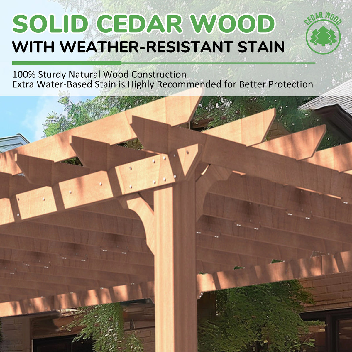 VEIKOUS 12'x10' Cedar Wood Pergola w/ Flat Roof and Ground Stakes for Outdoor Patio, Garden, Deck