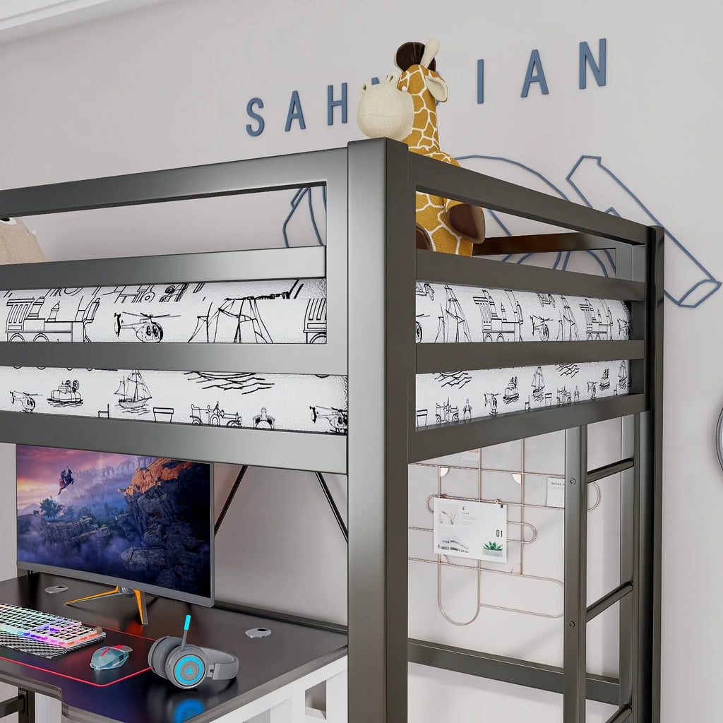 Einfach Metal Twin Size Loft Bed with Removable Ladder & Full-Length Guardrail, White
