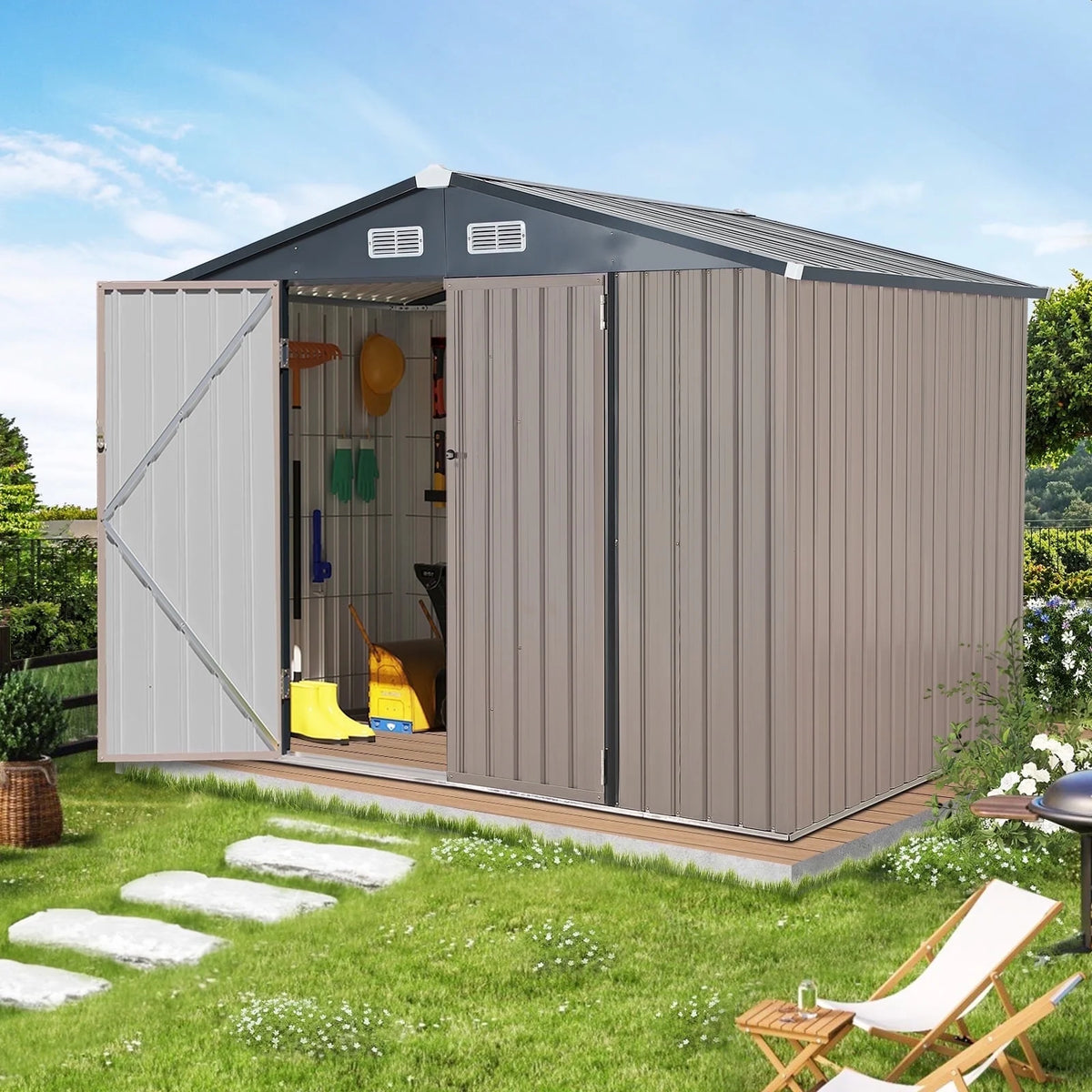JOIVI 8'x6' Outdoor Storage Shed, Galvanized Metal Tool Storage Shed, Weather Resistant Garden Shed W/Lock for Backyard Patio Lawn, Brown