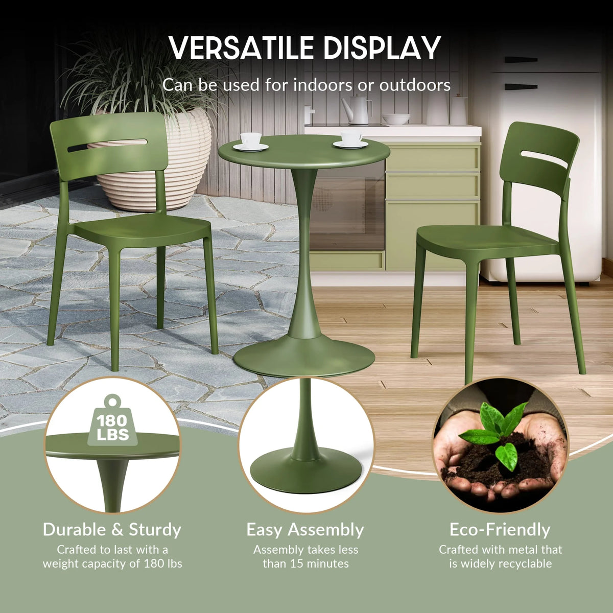 WestinTrends Playa 3-Piece Outdoor Round Metal Dining Table Set And Stackable Resin Patio Dining Side Chairs, Olive Green