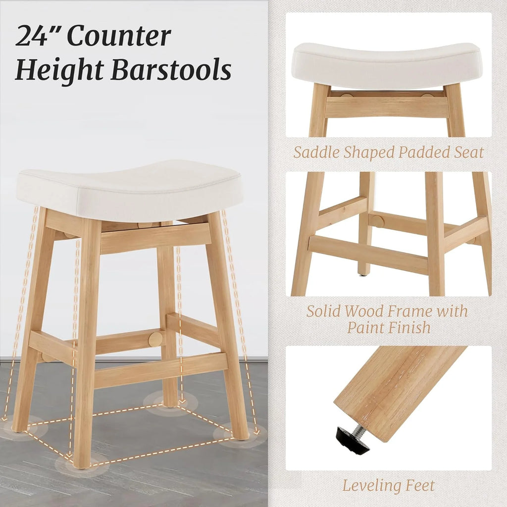 Dycanpo Saddle Seat Counter Height Bar Stools Set of 3 for Kitchen, Dining, 24in, Beige-Fabric