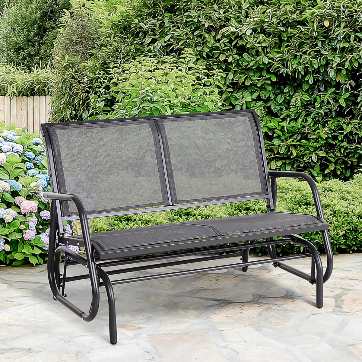 Outsunny 2-Person Outdoor Glider Bench, Patio Double Swing Rocking Chair Loveseat w/Powder Coated Steel Frame for Backyard Garden Porch, Black