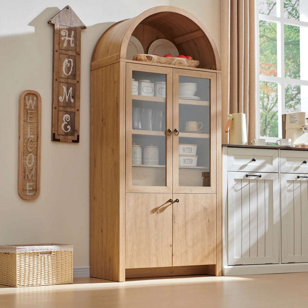 SinCiDo Arched Kitchen Pantry Storage Cabinet, 71-Inch Tall Wood Adjustable Shelves, 2 Doors, 2 Drawers