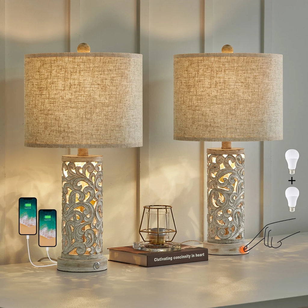 Oneach 3 Way Dimmable Touch Table Lamps for Living Room Bedroom Set of 2 Bedside Lamps with USB Ports 21" Retro Farmhouse Nightstands Lamp Resin(Bulbs)