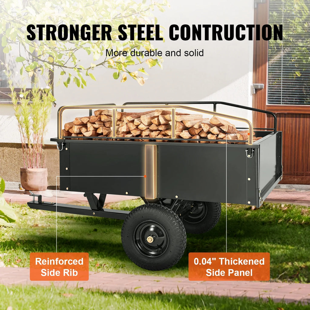 KFFKFF Dump Trailer Tow Behind Dump Cart 15 Cu. Ft. 750 lbs Heavy Duty ATV Trailer Steel Dump Cart, Steel Construction Garden Utility Trailer with Removable Sides