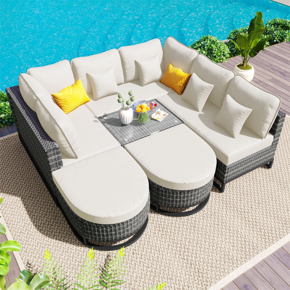 8 Pieces Outdoor Wicker Round Furniture Set, All Weather Half-Moon Sectional Patio Sofa Sets with Rectangular Coffee Table, Beige
