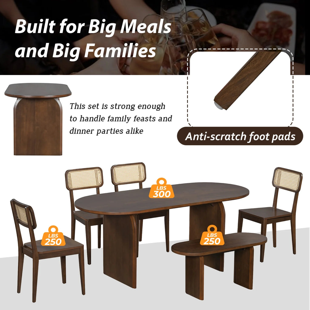 6-Piece Dining Table Set, Farmhouse Oval Kitchen Table and 4 Rattan Chairs & Bench, Rubber Wood Dining Room Set for 6, Brown