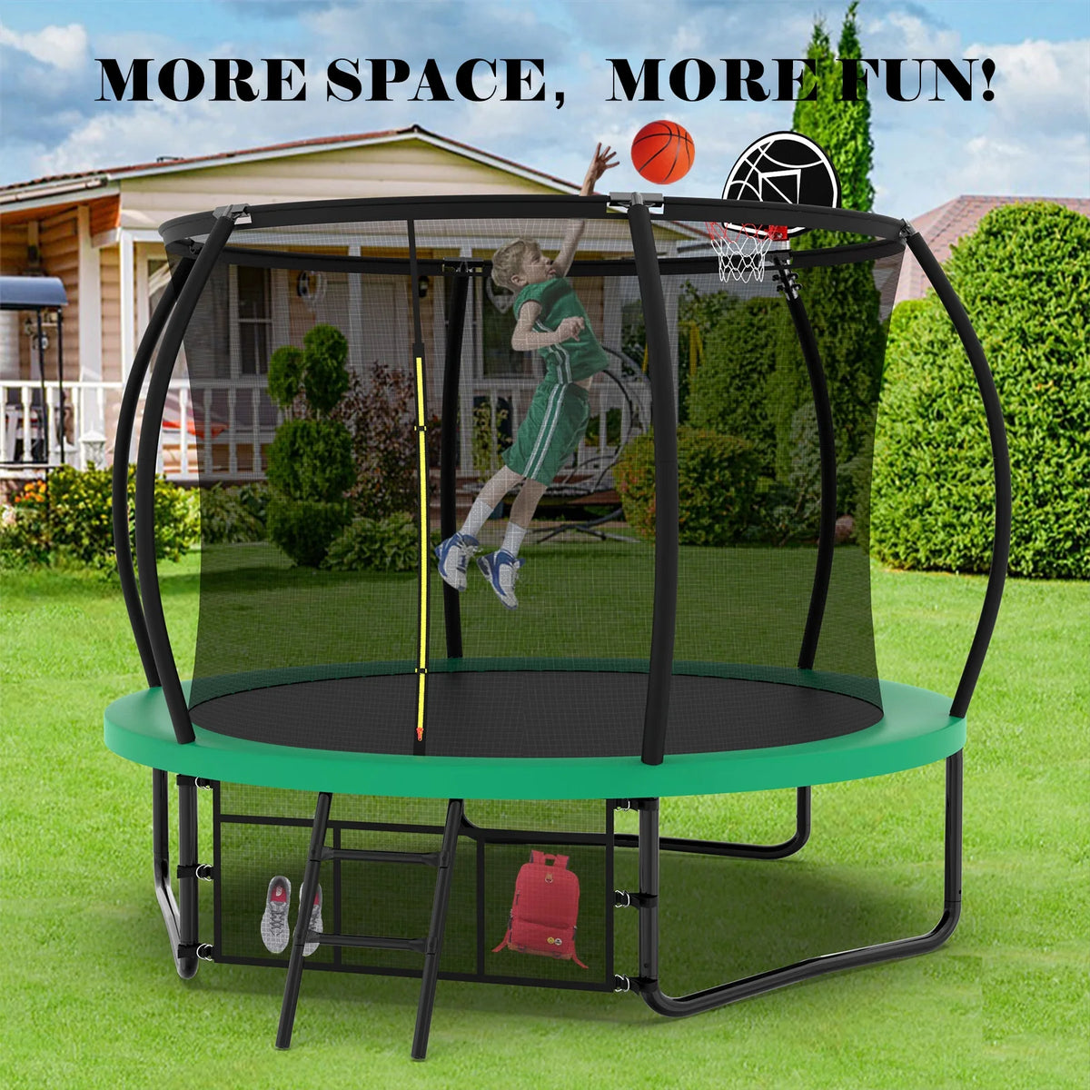 Netrum 10ft Kids Trampoline with Basketball Hoop, Outdoor Trampolines with Enclosure Net,Ladder, 880Lbs Trampoline for 4 Kids Green
