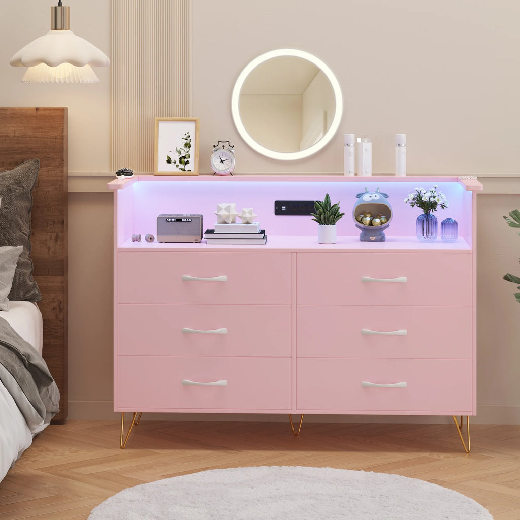 Garvee Dresser for Bedroom 6 Drawer with LED Light & Charging Station, Wooden Dressers and Chests of Drawers with 2-Tier Open Shelves, Wide Dresser Organizer for Living Room Hallway Entryway, Pink