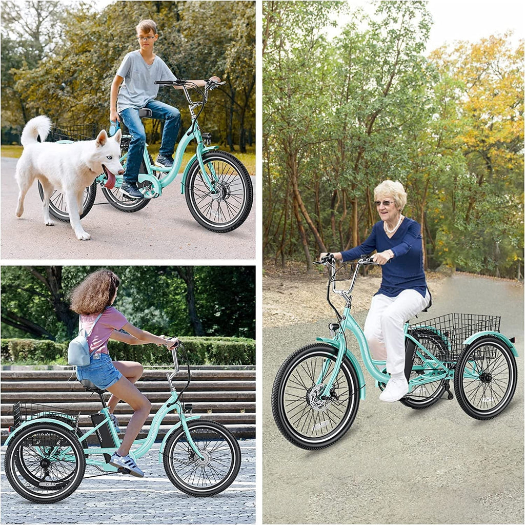 ABORON 350W Electric Trike, 7 Speed 24"/26" Motorized 3 Wheel Electric Tricycle for Adults with 36V 10Ah Lithium Battery UL Certified, Rear Basket