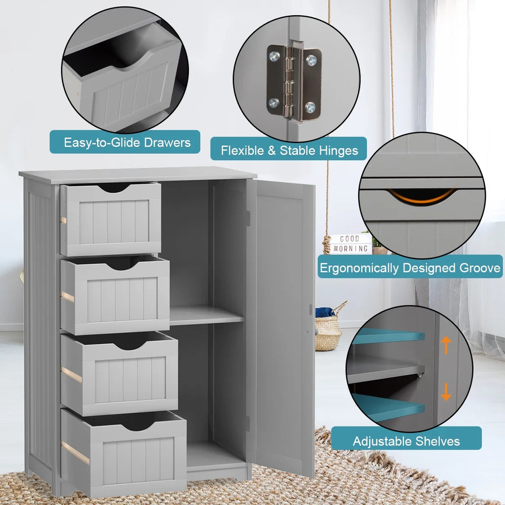 Bathroom Storage Wooden 4 Drawer Cabinet Cupboard 2 Shelves Free Standing White