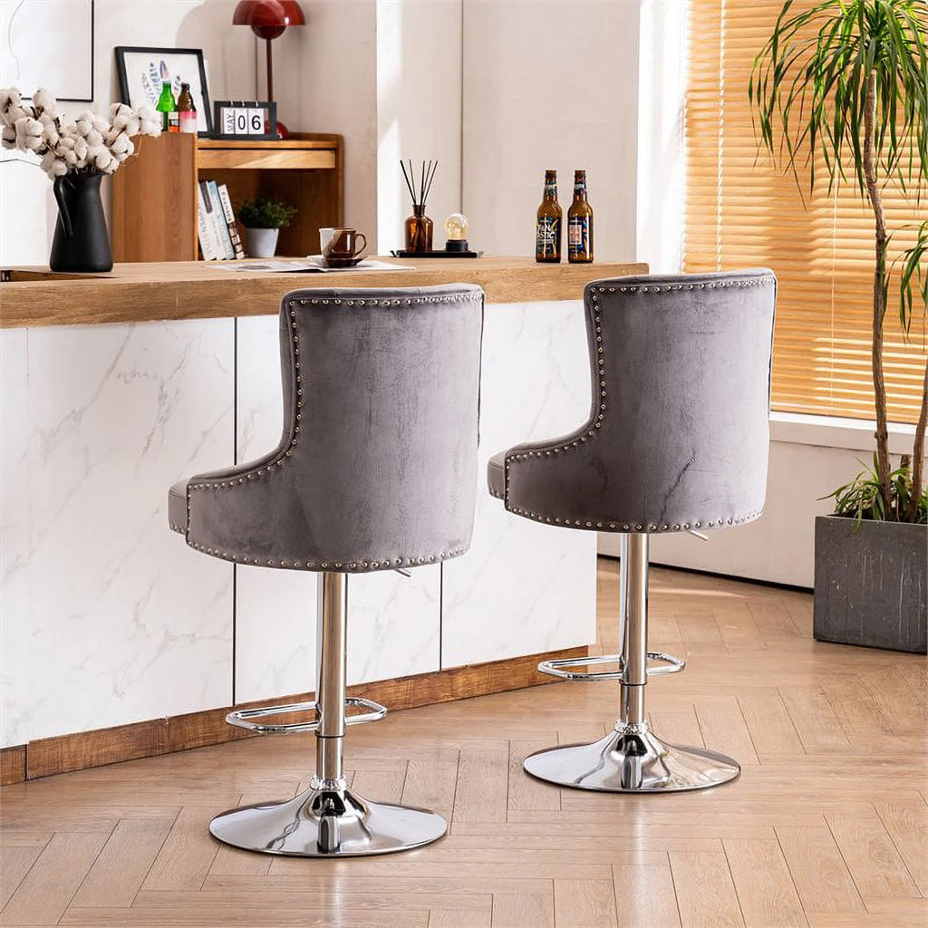 Alexent  2PCS Swivel Bar Stools, High Back, Button Tufted, Silver Footrest and Nailhead Trim Swivel Bar Chairs for Kitchen, Bar Velvet Upholstered Bar Stools, Dark Blue