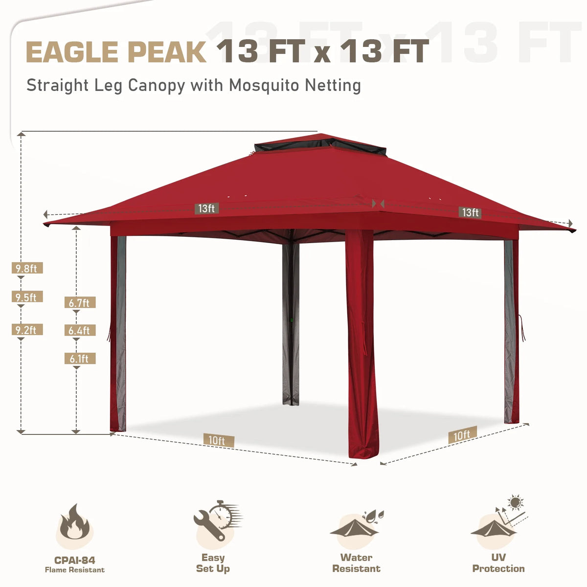 EAGLE PEAK 13' x 13' Pop-Up Gazebo Tent Instant w/Mosquito Netting，Outdoor Gazebo Canopy Easy Set-up Folding Shelter (Beige/Brown)